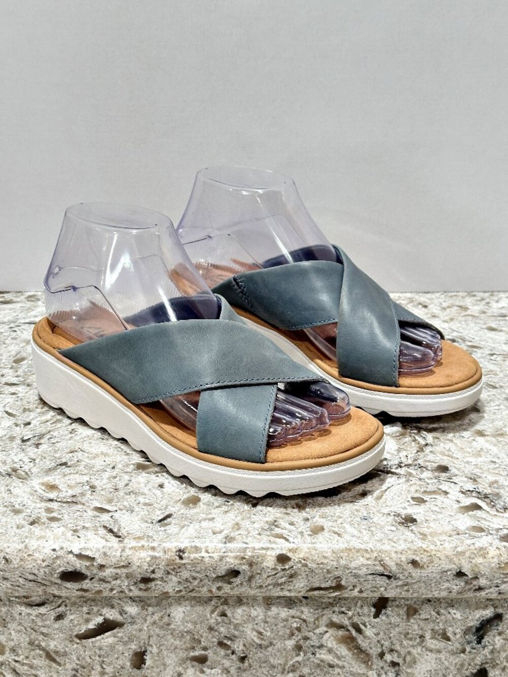 Clarks Jillian Gem Womens 7 Blue Gray Cross Strap Wedge Platform Slide Sandals